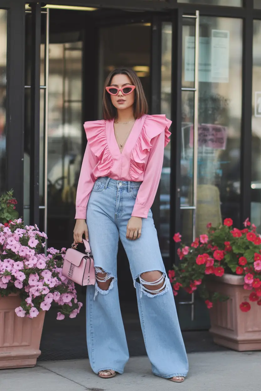 spring brunch outfits Romantic Ruffles with Casual Denim for Bold Spring Energy