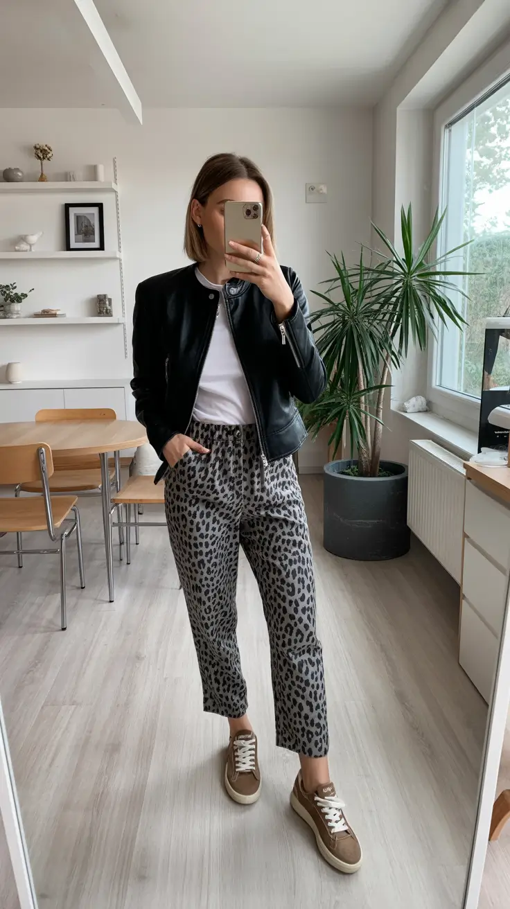 spring mom outfits 2026 Leopard Ease with a Cool Leather Edge
