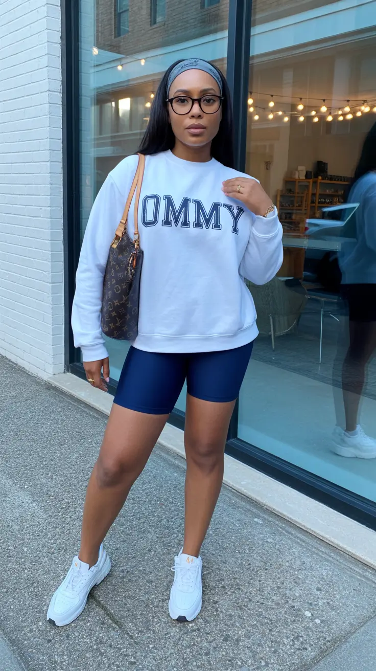 spring mom outfits 2026 Sporty Sweatshirt Vibes with Easy Spring Shorts