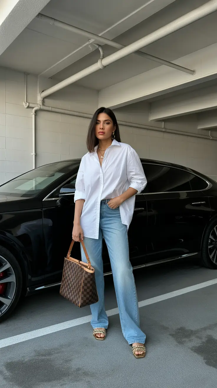 spring mom outfits 2026 Crisp White Shirt with Relaxed Denim for Everyday Chic