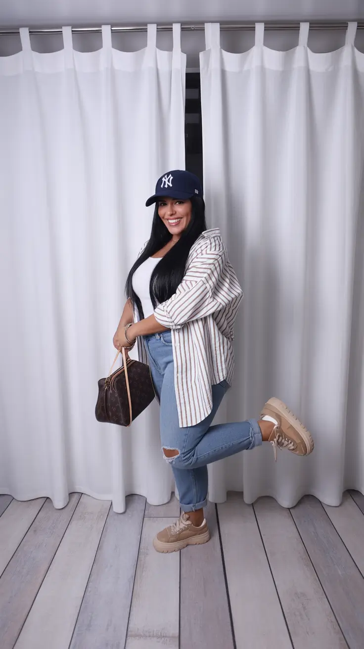 spring mom outfits 2026 Sporty Stripes and Denim for Everyday Comfort