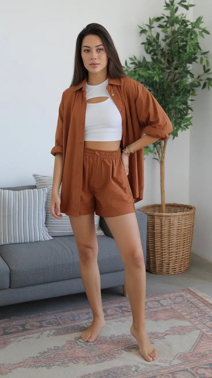 spring vacation outfits 2026 Rust-Toned Matching Set with a Clean White Crop
