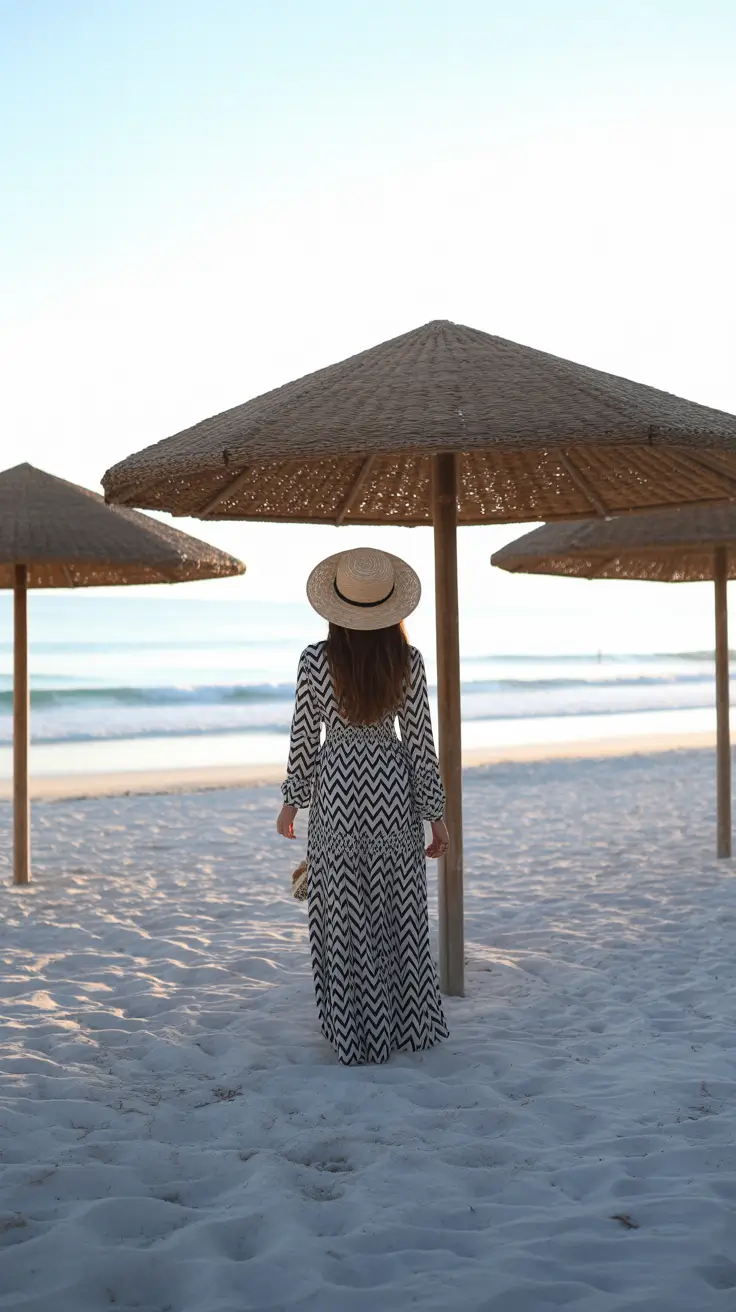 spring vacation outfits 2026 Black-and-White Maxi with Coastal Drama