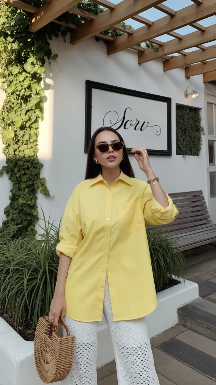 spring vacation outfits 2026 Sunny Yellow Shirt with Breezy White Trousers