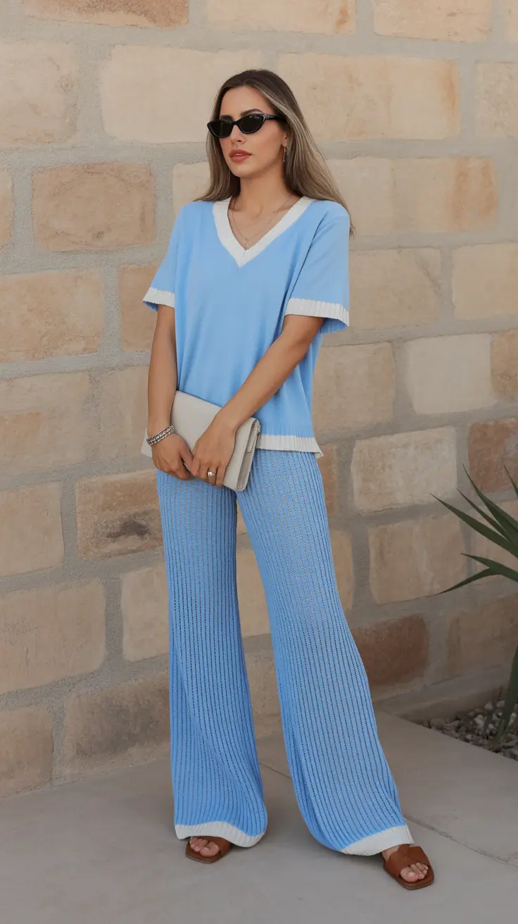 spring vacation outfits 2026 Cool Blue Knit Set with Sporty Elegance
