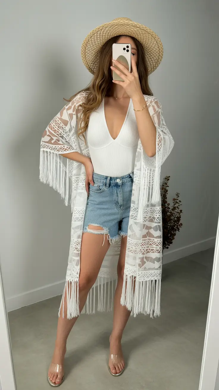 spring vacation outfits 2026 White Lace Kimono with Denim for Beachy Lightness