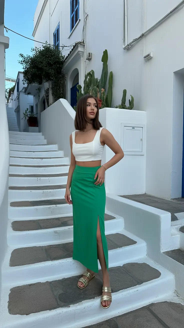 spring vacation outfits 2026 Green Skirt Chic in Mediterranean Streets