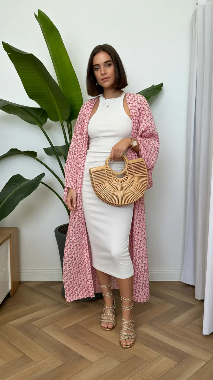 spring vacation outfits 2026 Soft Pink Kimono Over a Minimal White Dress