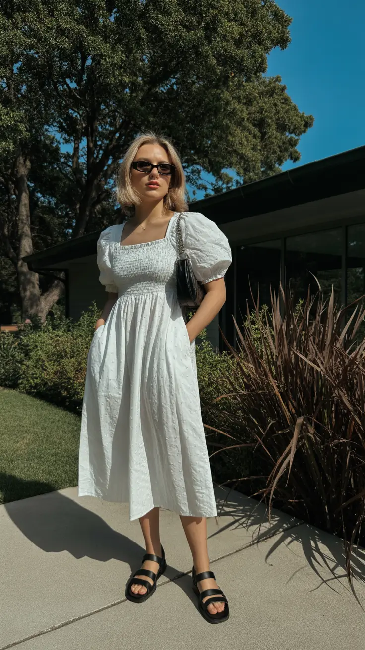 spring vacation outfits 2026 Modern White Dress with Sculptural Sleeves