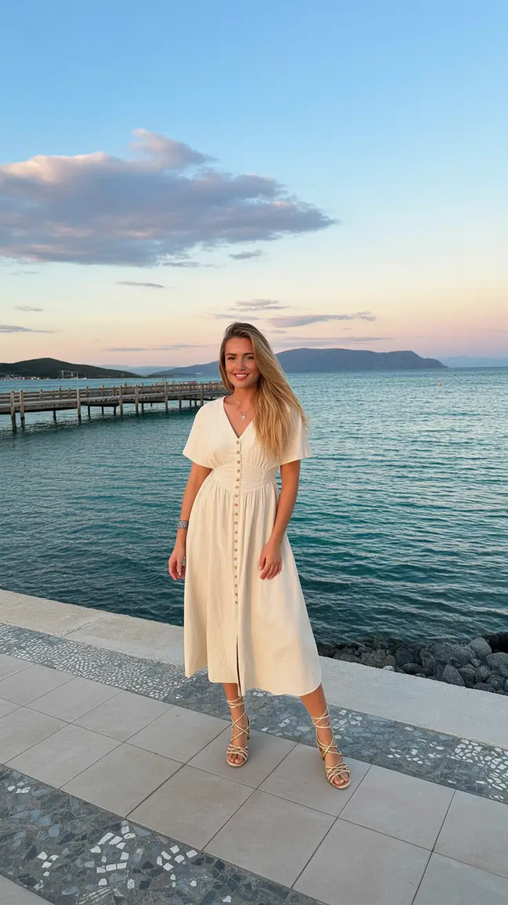 spring vacation outfits 2026 Neutral Dress with Elegant Lace-Up Sandals