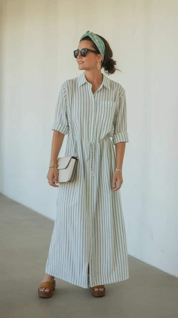 spring vacation outfits 2026 Relaxed Stripes with a Green Headscarf Twist