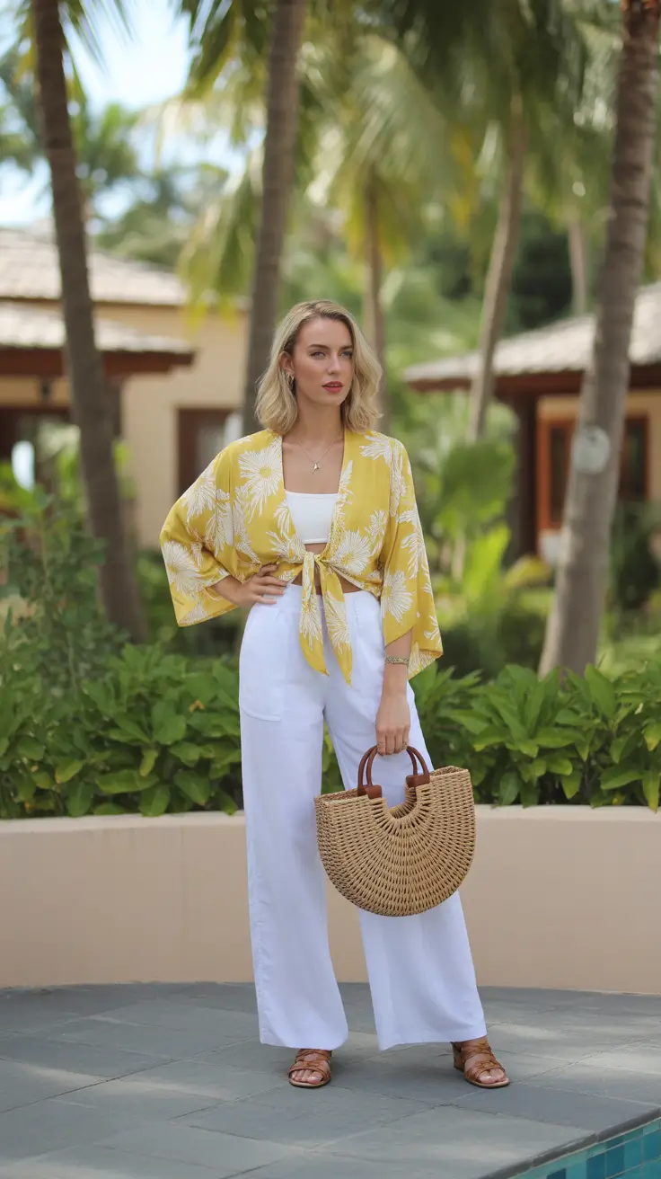 spring vacation outfits 2026 Yellow Blossoms and Crisp White Trousers