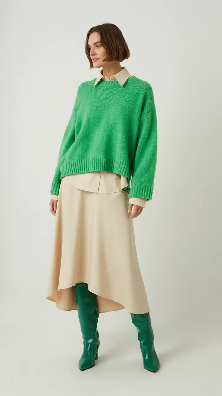 fashionable spring outfits 2026 trends Modern Layering With Bold Green Accents