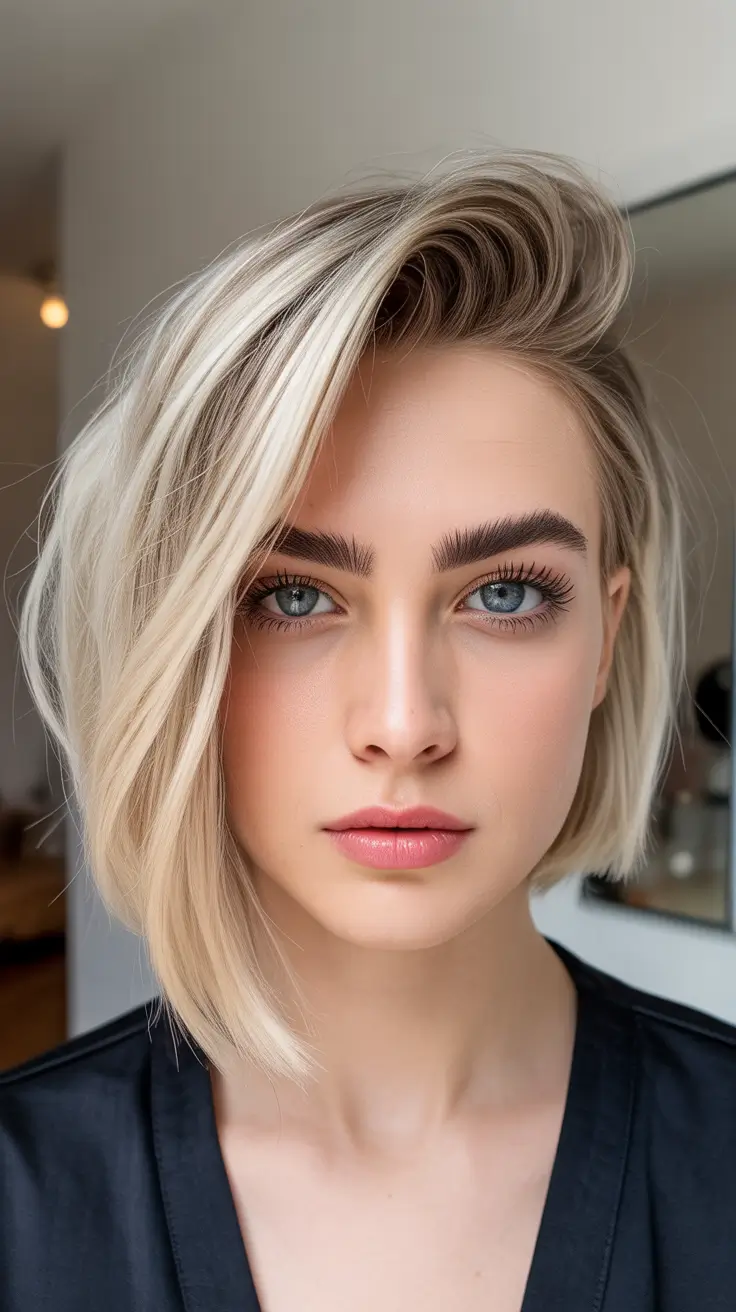 February Haircut Ideas 2026 Platinum Swoop Bob With Sculpted Volume