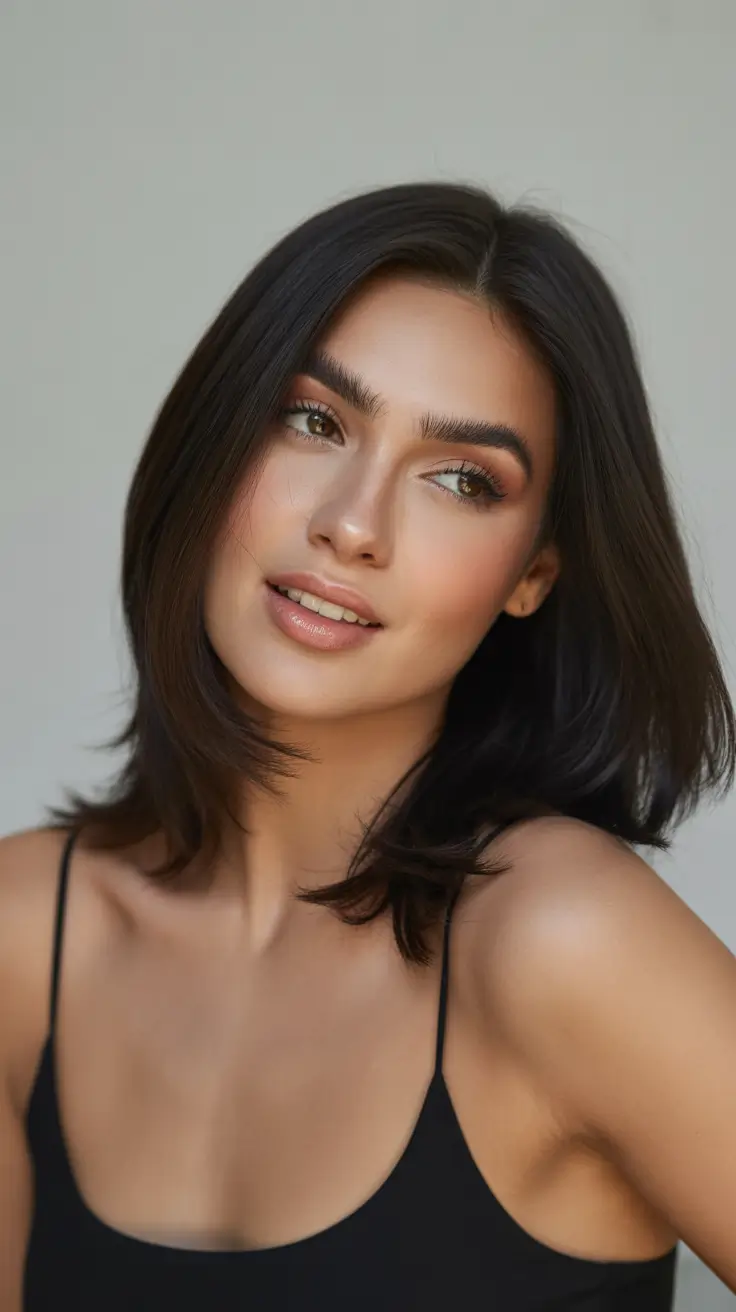 February Haircut Ideas 2026 Feathered Shoulder-Length Brunette With Soft Flicks