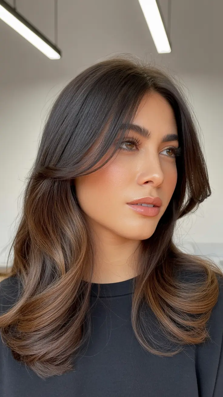 February Haircut Ideas 2026 Chocolate Layered Blowout With Feathered Movement