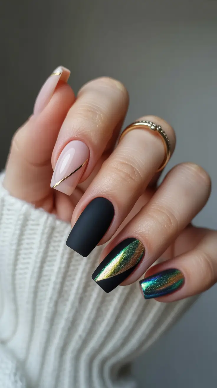 february nails ideas Black Matte Drama With Gold-Tipped Elegance
