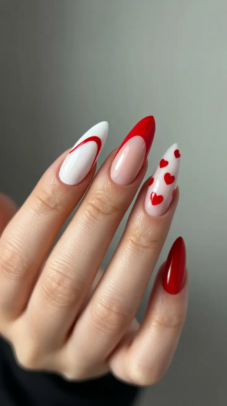 february nails ideas Red and White Almond Mix With Graphic Hearts