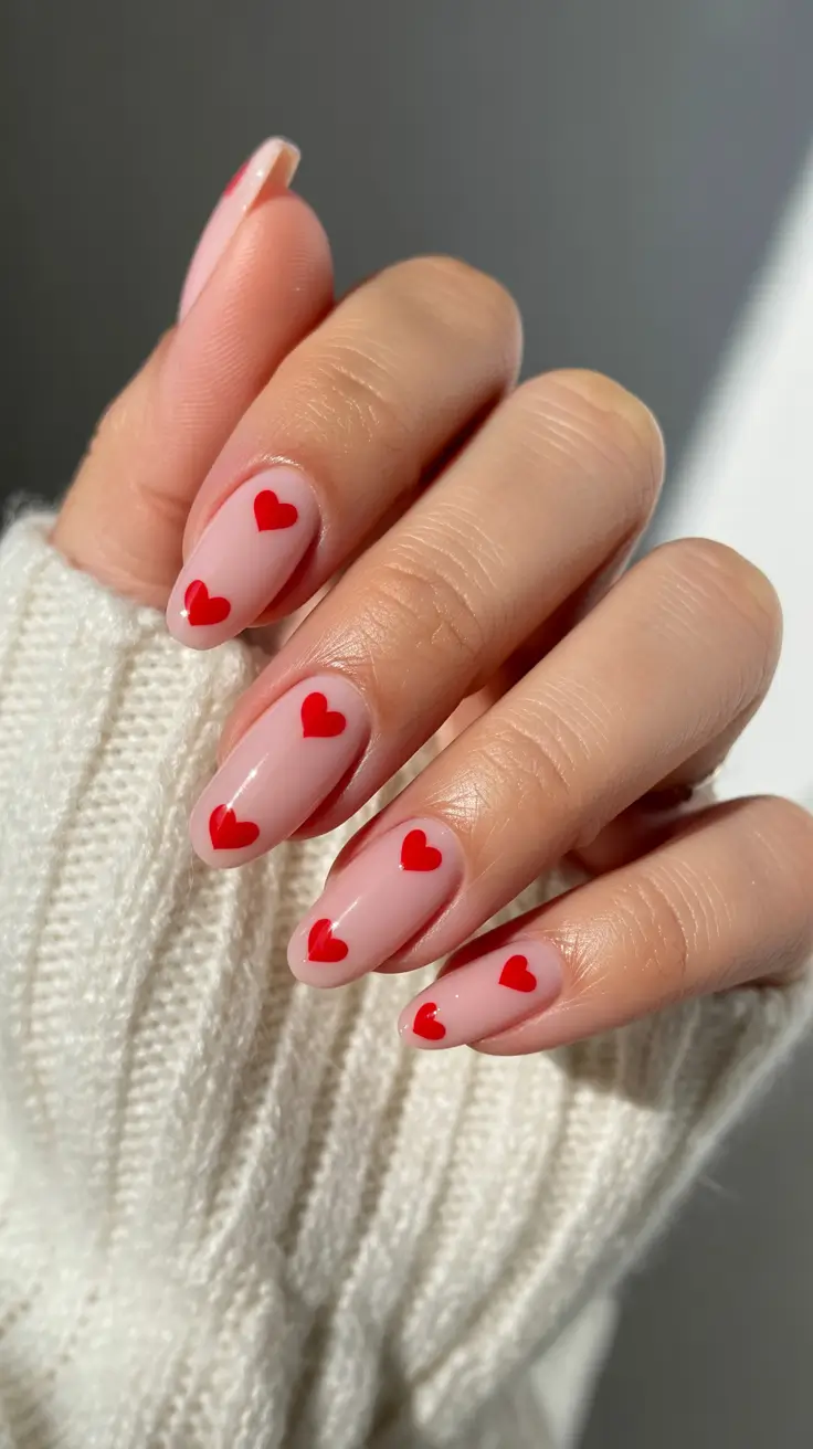 february nails ideas Soft Nude With Scattered Red Hearts