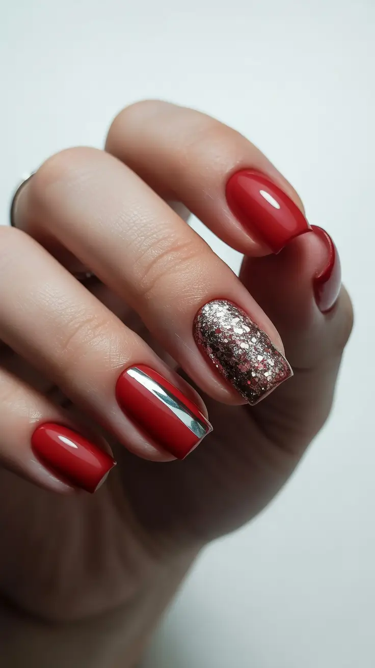 february nails ideas Red Glam With Foil Stripe and Glitter Accent