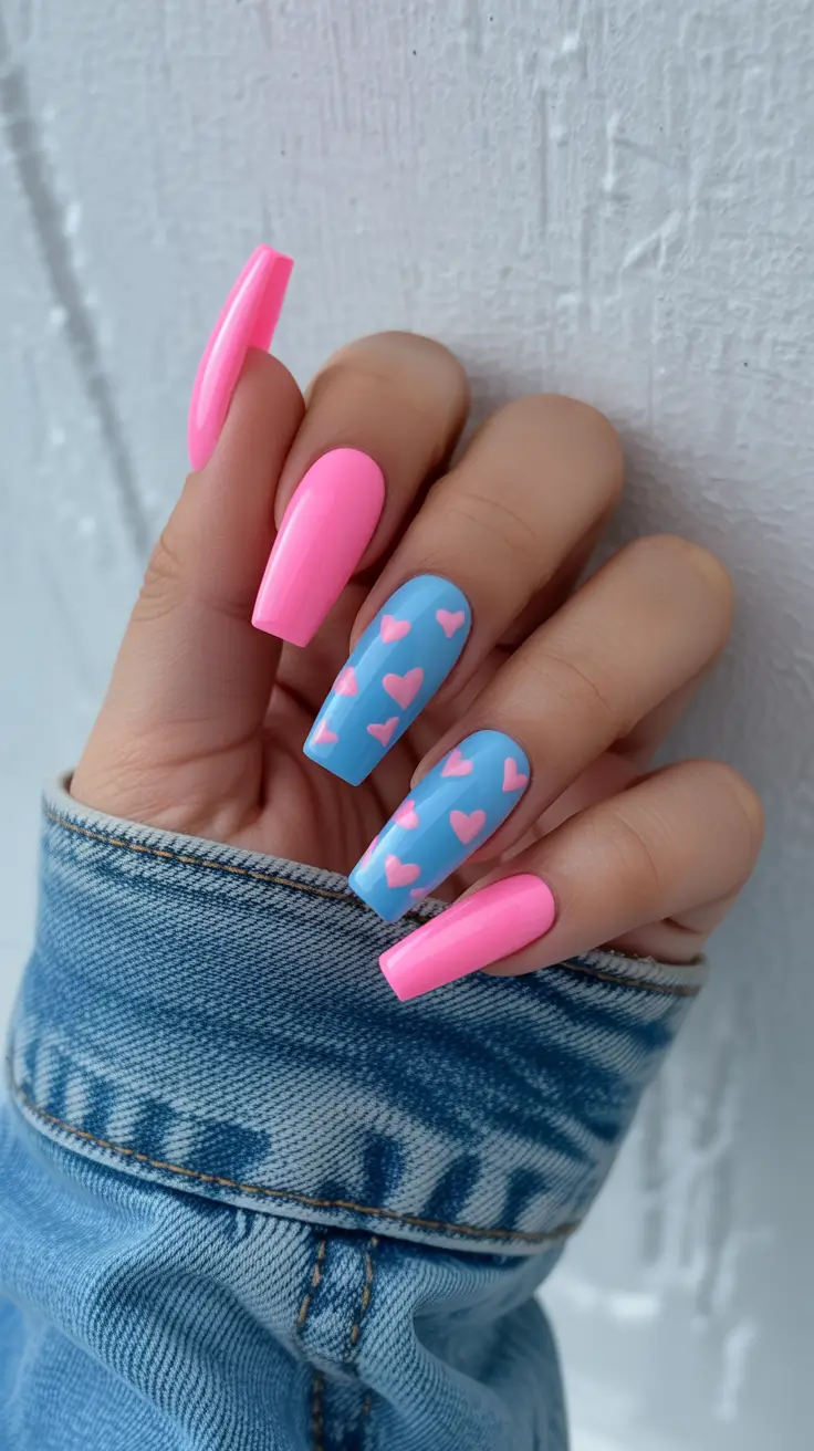 february nails ideas Bubblegum Pink and Sky Blue Heart Playfulness