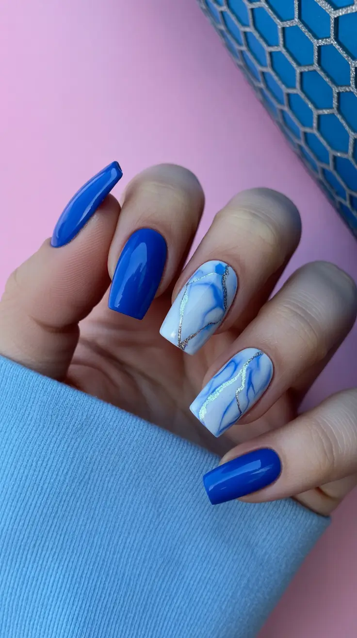 february nails ideas Cool Blue Marble for a Fresh February Glow