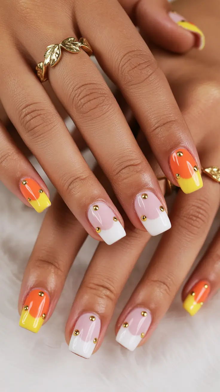 february nails ideas Tangerine Sunshine and Gold Stud Details