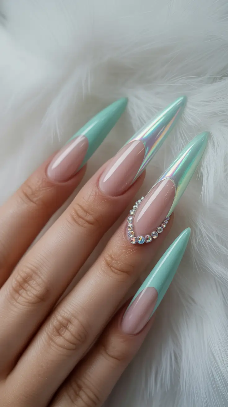 february nails ideas Iridescent Mint Glam With Crystal Accent