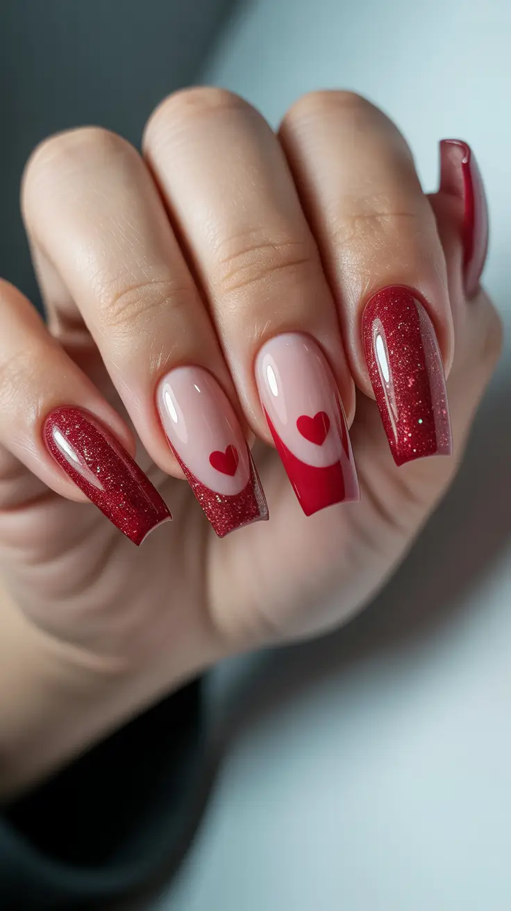 february nails ideas Red Sparkle Hearts for a Modern Valentine Moment