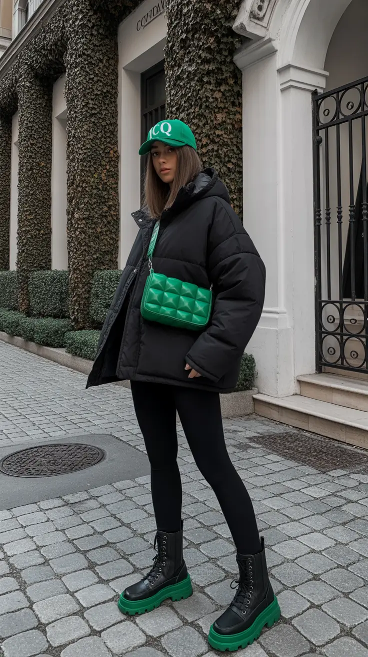 February-outfits-ideas-2026 Graphic Green Accents for Statement Winter Style