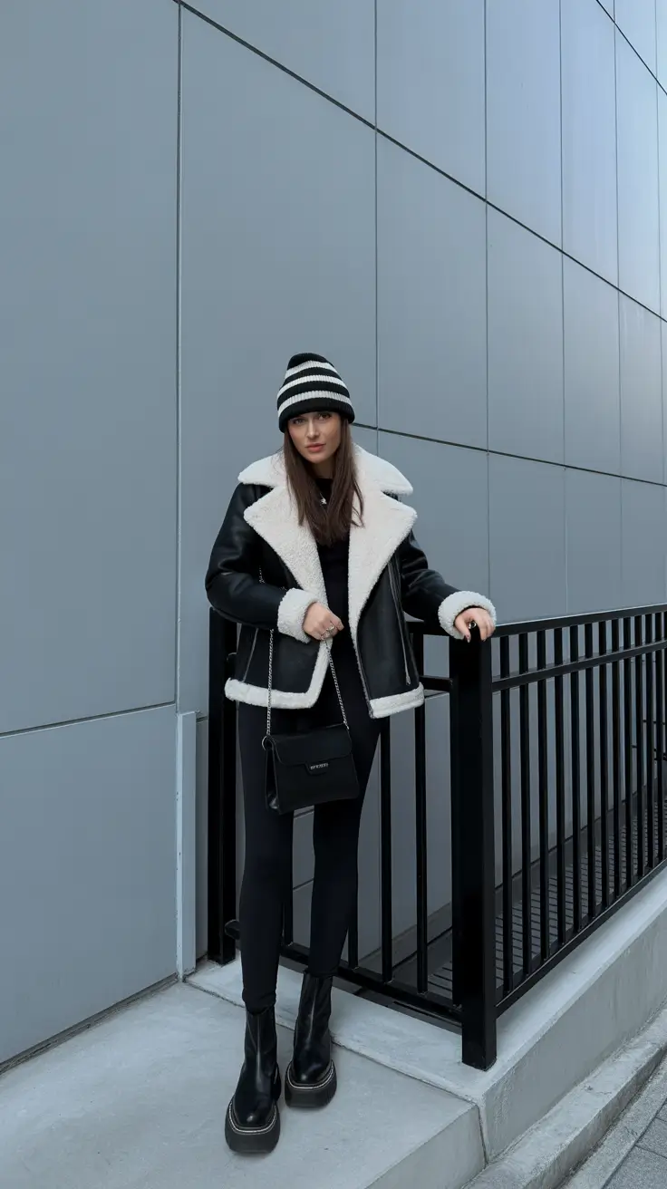 February-outfits-ideas-2026 Monochrome Layers With Shearling Details