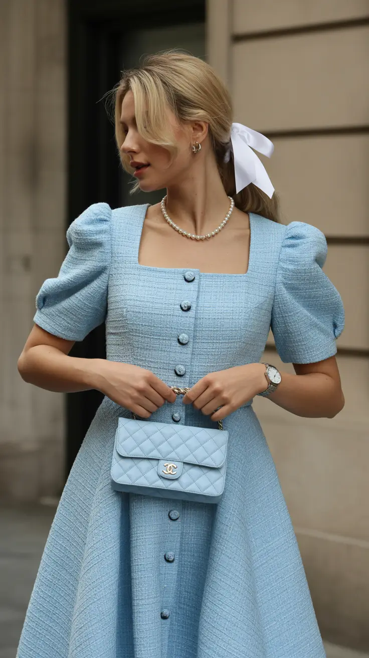 old money spring outfits 2026 Powder Blue Tweed for Classic Old-Money Femininity
