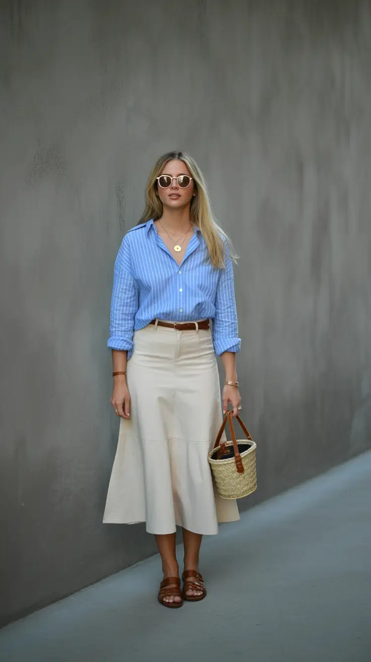 old money spring outfits 2026 Striped Soft Blues and Cream for a Weekend Escape
