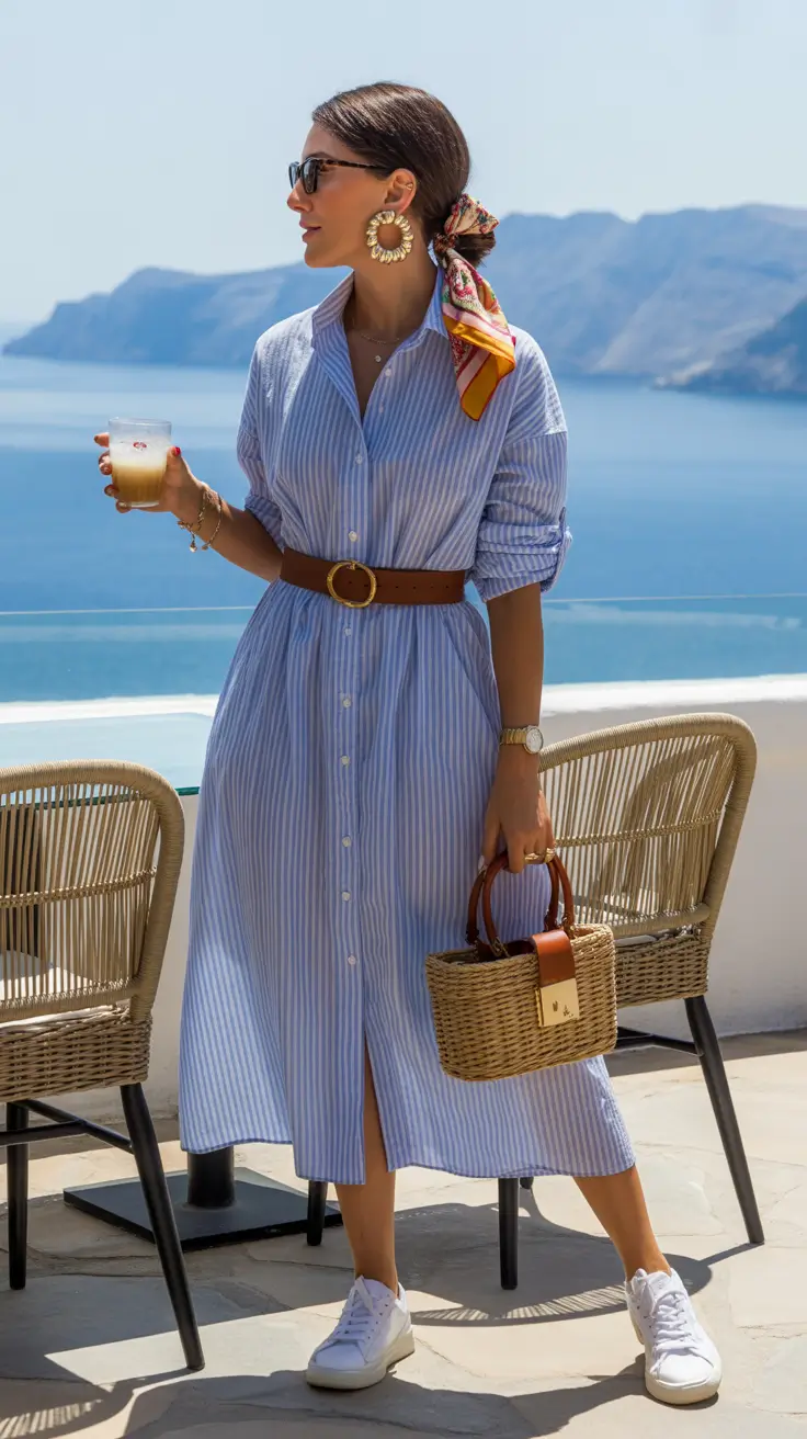old money spring outfits 2026 Striped Shirt-Dress With Mediterranean Ease