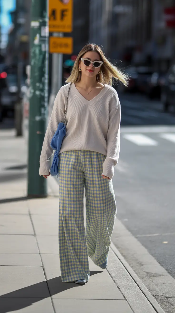stylish london spring outfit 2026 Soft Check Trousers and Relaxed Knit for a Breezy London Morning