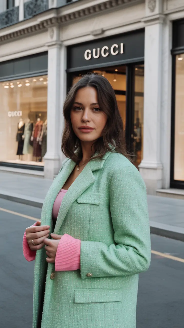 stylish london spring outfit 2026 Mint Tweed and Pink Layers for a Luxe London Spring Feel