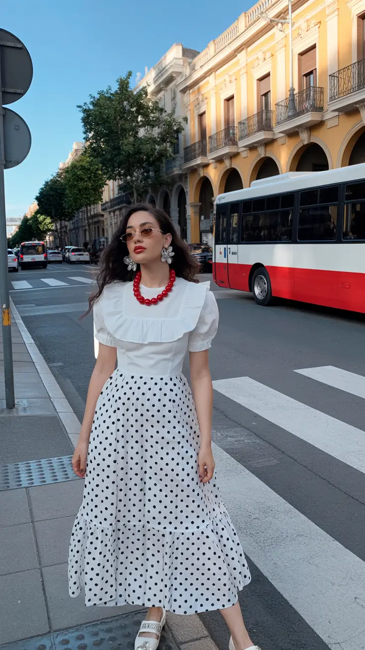 stylish london spring outfit 2026 Retro Ruffles and Polka Dots for a Romantic Spring Stroll