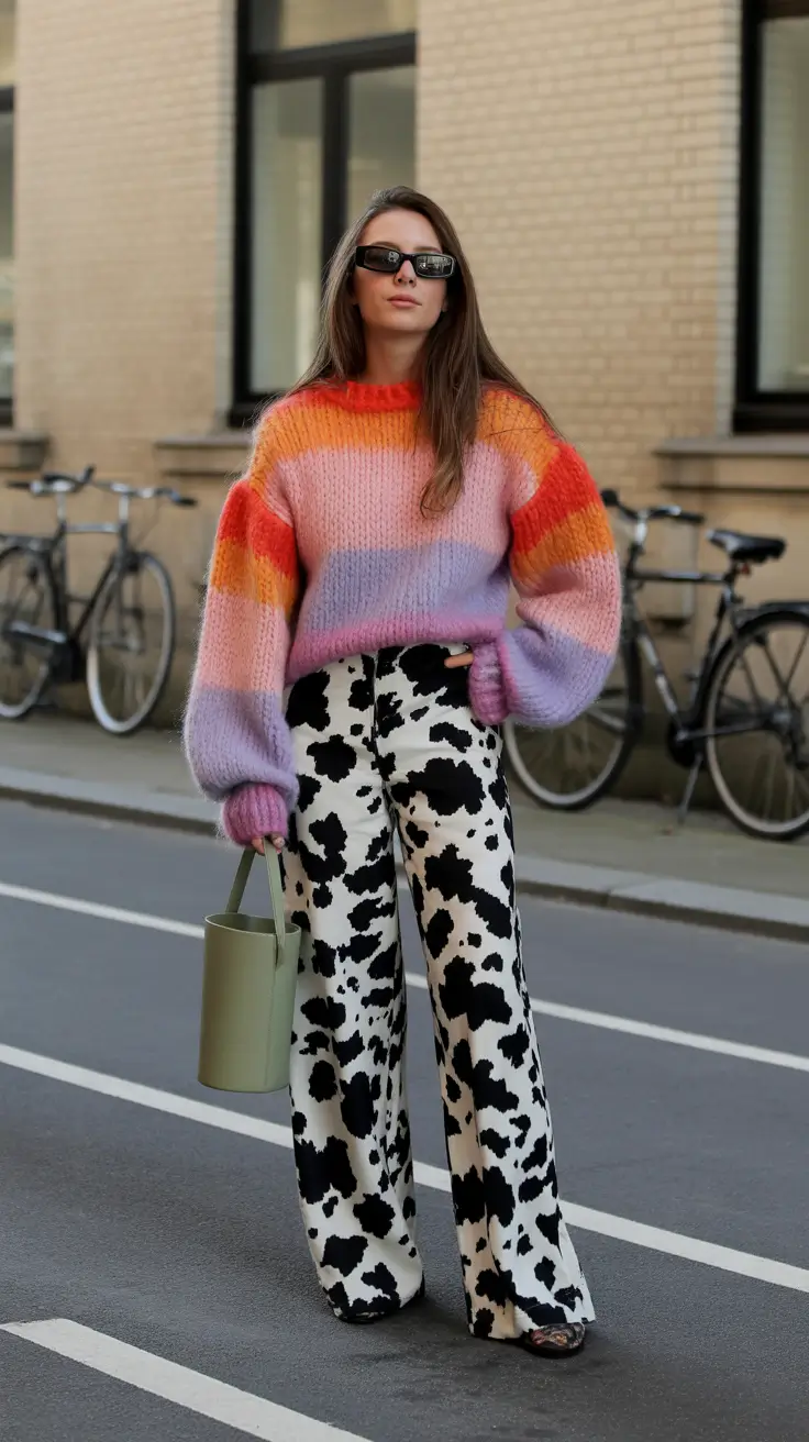 stylish london spring outfit 2026 Bold Color-Block Knit and Graphic Trousers for a Playful Spring Statement