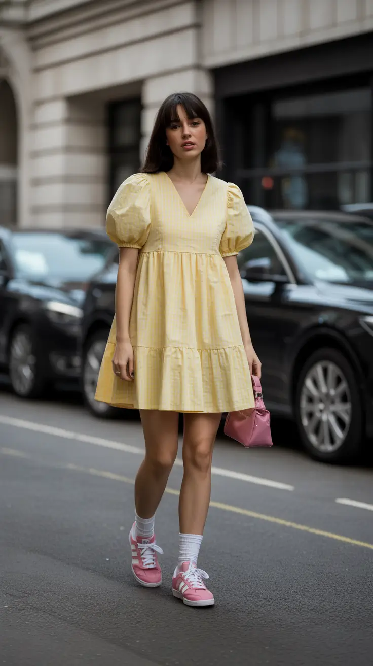 stylish london spring outfit 2026 Pastel Yellow and Pink Sneakers for a Joyful Spring Minimalist Look