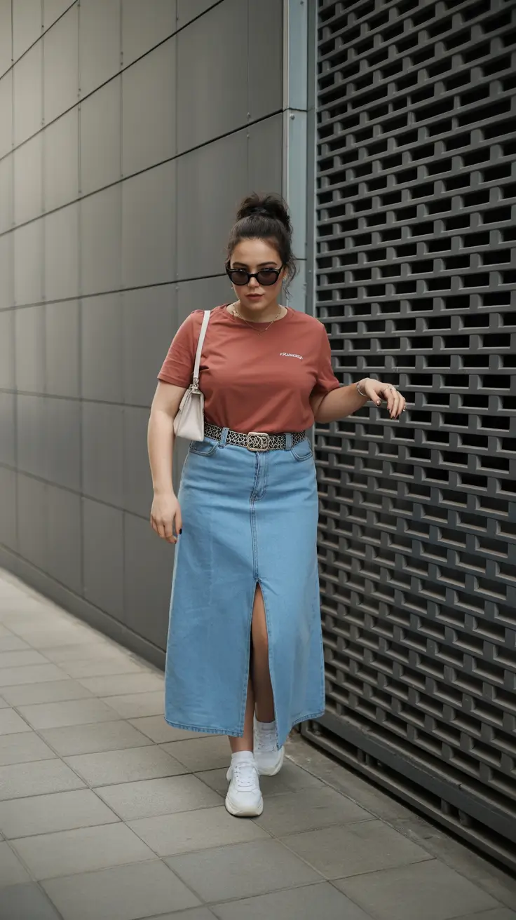 midsize spring outfits 2026 City-Soft Denim and Warm Terracotta