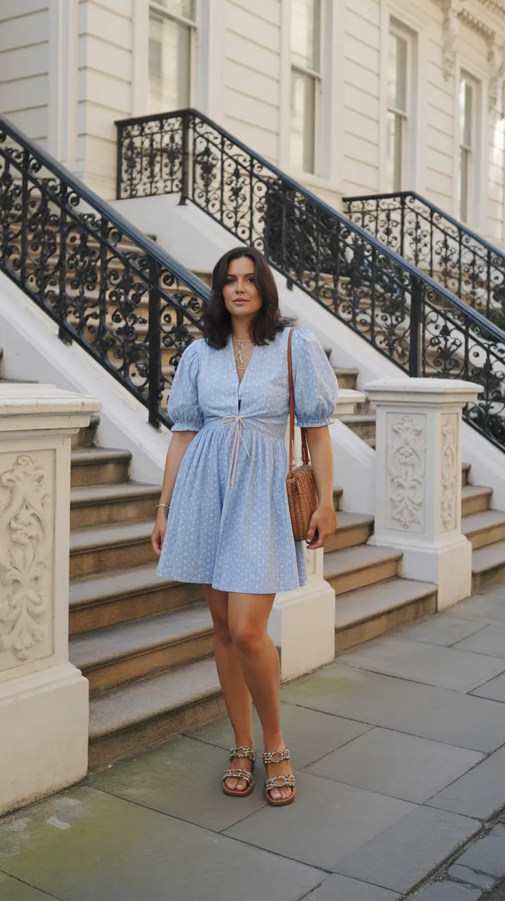 midsize spring outfits 2026 Pastel Blue Dress with a Soft Spring Glow