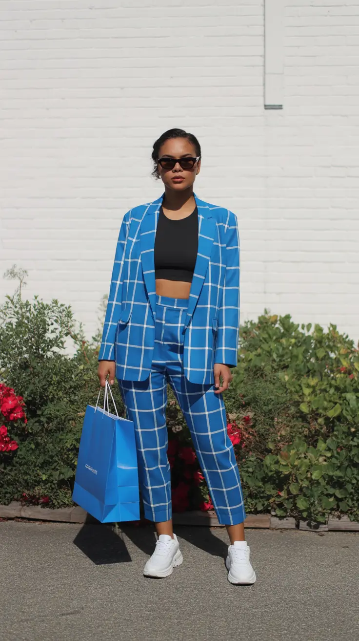midsize spring outfits 2026 Bold Blue Check for Confident Spring Days