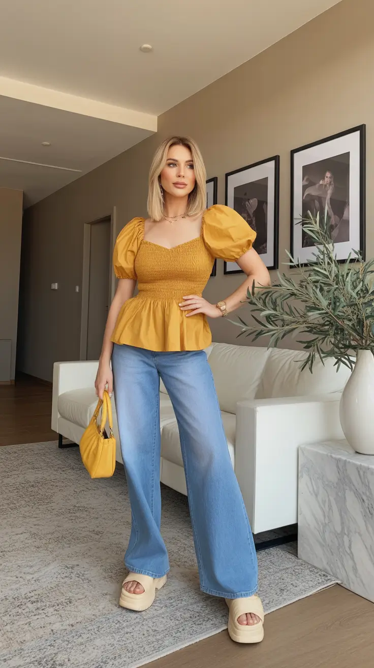 midsize spring outfits 2026 Golden Hour Top with Soft Denim Flow