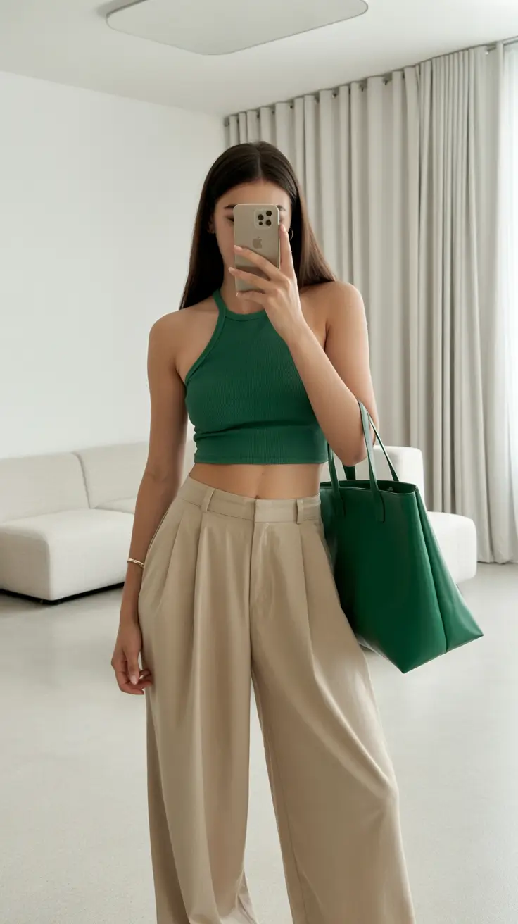 midsize spring outfits 2026 Minimalist Green with Structured Neutrals