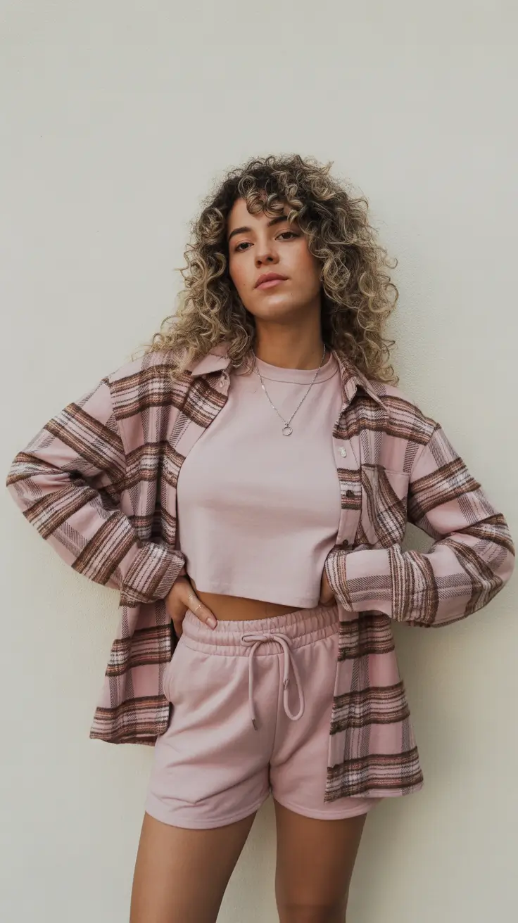 midsize spring outfits 2026 Soft Pink Layers with Weekend Energy