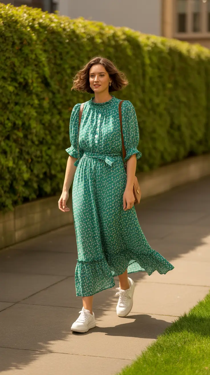 modest spring outfits 2026 Soft Green Floral Dress With Casual Spring Ease
