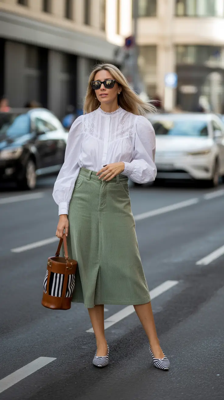 modest spring outfits 2026 Crisp White Blouse With a Soft Sage Midi Skirt
