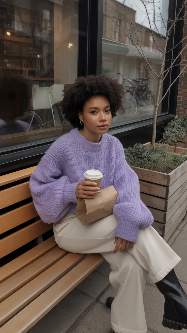 modest spring outfits 2026 Soft Lavender Knit With Relaxed Cream Pants