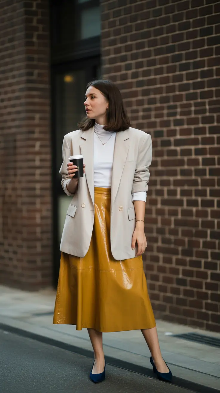 modest spring outfits 2026 Mustard Midi Skirt With a Tailored Neutral Blazer