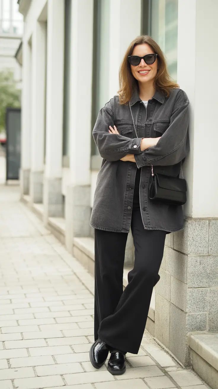 modest spring outfits 2026 Relaxed Charcoal Denim With Wide-Leg Black Pants